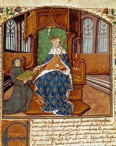 Felietonista Enguerrand de Monstrelet (1400-1453) przekazuje swoją książkę królowi Karolowi VII (1403-1467) Miniatura z „Chronicles d