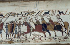 Podbój Anglii przez księcia Normandii Wilhelma Zdobywcy (1027-1087) w 1066: scena bitwy pod Hastings przeciwstawiającej się piechocie normańskiej kawalerii saskiej Fragment gobelinu z Bayeux lub Haft królowej Matyldy autorstwa Unknown artist