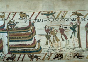 Podbój Anglii przez armię księcia Normandii Wilhelma Zdobywcy (1027-1087): ledwo zbudowane statki wypływają w morze Fragment gobelinu z Bayeux lub Haft królowej Matyldy autorstwa Unknown artist