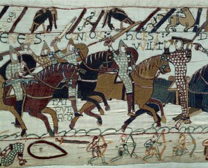 Podbój Anglii przez armię księcia Normandii Wilhelma Zdobywcy (1027-1087): Książę Guillaume zostaje rozpoznany przez swoich żołnierzy po podniesieniu hełmu podczas bitwy pod Hastings Fragment gobelinu z Bayeux lub haftu królowej Matyldy autorstwa Unknown artist