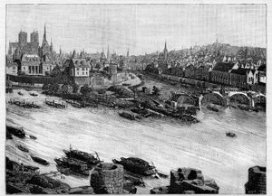 Budowa mostu Pont Neuf w Paryżu przechodzącego przez Square du Vert-Galant na końcu Ile de la Cite. Pierwsze prace w 1578 r. Grawer w „Le Monde illustrious”” autorstwa Unknown artist