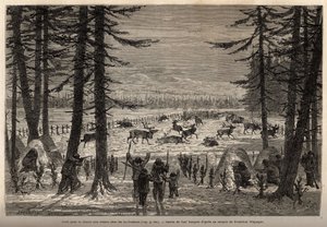 Koral do polowania na renifery w Co-Yukon (co-Yukon lub co-Youkouk) (indyjskim plemieniu skrajnej północnej Kanady). Grawerowanie ilustrujące podróż i przygody w angielskiej Kolumbii, wyspie Vancouver i Alasce, autorstwa Fredericka Whympera autorstwa Unknown artist