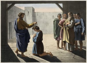 Koronacja Dawida: Samuel wyznacza Dawida na króla Izraela. Anonimowy rycina z XIX wieku. autorstwa Unknown artist