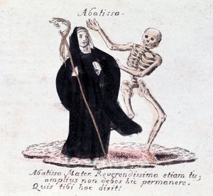 Taniec śmierci, opatka i szkielet (Druk) autorstwa Unknown artist