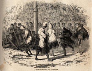 Taniec bayente, czyli taniec diabła, wśród Indian Yahua z Peru, zorganizowany na cześć księżyca, odbywa się co roku w chatce ustawionej w środku lasu; po ceremonii chata, flety i bębny są starannie palone. Grawerowanie autorstwa Unknown artist