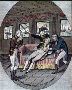 Śmierć admirała Nelsona w bitwie pod Trafalgarem na pokładzie jego statku „Victory” (21 października) autorstwa Unknown artist