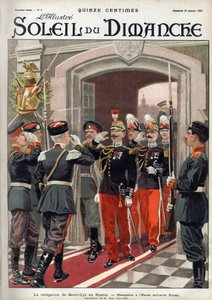Delegacja św. Cyra (St. Cyr) w Rosji: przyjęcie w rosyjskiej szkole wojskowej. Grawerowanie w „”Le sun-du-dimanche”, 29 stycznia autorstwa Unknown artist