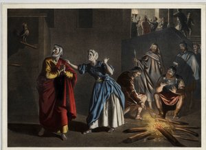 Zaparcie się św. Piotra: jak przepowiedział Chrystus, św. Piotr trzykrotnie zapiera się Chrystusa, podczas gdy kogut ogłasza dzień. Anonimowy rycina z połowy XIX wieku. Anonimowy rycina z połowy XIX wieku. autorstwa Unknown artist