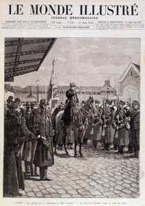 Odejście Kompanii 200 Pułku. Powitanie flagi w Gare de Lyon. „” Świat Ilustrowany””. 23.03.1895. Rysunek. autorstwa Unknown artist