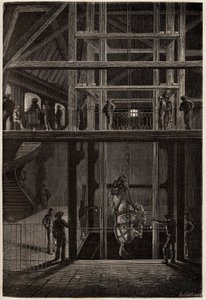 Zjazd konia w kopalniach Creusot, używany w podziemnych tunelach do transportu wozów z węglem. Grawerowanie ilustrujące podróż do Creusot i kopalni Saone i Loire, w 1865 r., L. Simonin, w „” Le tour du monde, nouveau journal des autorstwa Unknown artist
