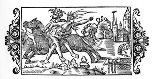 Diabeł niosący wiedźmę - w "Historii narodów Północy" Olausa Magnusa, Rzym 1555 autorstwa Unknown artist
