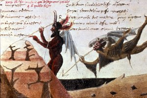 Diabły w kręgu piekła po odręcznym wydaniu Boskiej Komedii (Boskiej Komedii) Dantego Alighieri (1265 - 1321) z XIV wieku. Biblia Trivulziana Mediolan. autorstwa Unknown artist