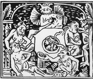 Diabelni oprawcy zmuszają ropuchy i węże do żarłoków – „Grand Calendrier et Compost des Bergers”, Lyon autorstwa Unknown artist