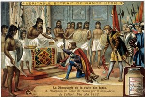 Odkrycie szlaku Indii: Przyjęcie Vasco da Gamy przez Samudryna z Kalikatu, koniec maja 1498 - winieta reklamowa Liébig autorstwa Unknown artist