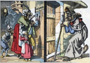 Przebrany wilk puka do drzwi domu z kozą i bikietami. Ilustracja do baśni „Compere le Loup, Maitre Renard, Comere la Chevre et ses petits biquets”” według bajki Jeana de la Fontaine. W „” Opowieściach z domu dla małych autorstwa Unknown artist