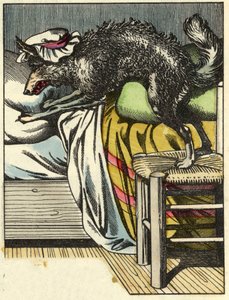 Przebrany wilk zajmuje miejsce babci w łóżku. Ilustracja do bajki „Czerwony Kapturek” Charlesa Perrault autorstwa Unknown artist