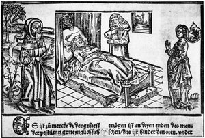 Lekarz w łóżku pestiferé, drzeworyt „Liber pestilentialis” Jérôme Brunschwiga, Strasburg autorstwa Unknown artist