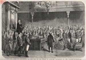 Książę Wellington (Arthur Wellesley (1769-1852) (Duke of Wellington) stoi przy Izbie Gmin, aby otrzymać gratulacje od przewodniczącego za zwycięstwo w Vimeiro, Wojna na Półwyspie autorstwa Unknown artist