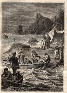 Wyprawa na ziemie południowe (1800-1803) Nicolasa Baudina (1754-1803): chorzy na szkorbut wywieziono na brzeg w Zatoce Przygód (Tasmania, Australia) - ilustracja zaczerpnięta z „Wielkich żeglarzy XVIII wieku” ” autorstwa Unknown artist