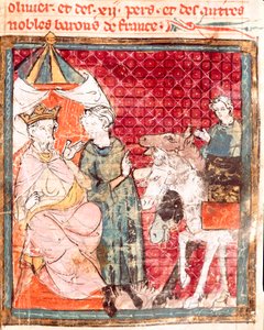 Pożegnanie rycerza Rolanda z jego wujkiem Karolem Wielkim (742-814) Miniatura z „Grandes Chronicles de France”” 1375-1379 Biblioteka Miejska, Castres autorstwa Unknown artist