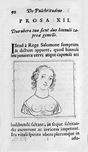 Kobieca klatka piersiowa. Strona zaczerpnięta z „Studium piękna fizjologicznego” opowiada o Ernesto Venio (Ernestus Vaenius) broniącym piękna stworzenia przed anonimowym przeciwnikiem. 1612 autorstwa Unknown artist