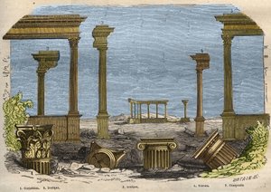 Pięć rzędów architektury klasycznej (starożytnej): korynckiej, doryckiej, jońskiej, toskańskiej i kompozytowej, każdy reprezentowany przez kolumnę. Grawer z 1857 roku w „Le Musee Des Sciences”” autorstwa Unknown artist
