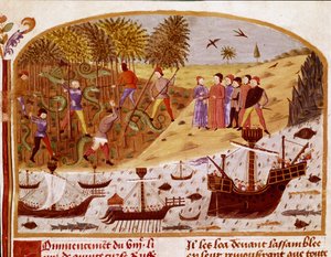 Flota króla Aleksandra Wielkiego Miniatura zaczerpnięta z „Księgi faktów Aleksandra Wielkiego” Kwintusa Curtiusa Rufusa (Quinte Curce) (I wiek), ok. 1468 r. - (Ms 1335) Reims, Biblioteka Miejska autorstwa Unknown artist