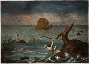 Potop z Arką Noego w oddali. Anonimowy rycina z połowy XIX wieku. autorstwa Unknown artist
