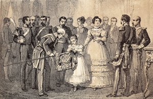 Przyszła królowa Hiszpanii Izabela II (Isabella de Bourbon) (1830-1904) (Isabel II of Espana) zdobiąca flagę Włóczni Gwardii Zakonu Świętego Ferdynanda (San Fernando). Litografia. autorstwa Unknown artist