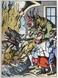 Koza zabija wilka w kominie. Ilustracja do baśni „Compere le Loup, Maitre Renard, Comere la Chevre et ses petits biquets”” według bajki Jeana de la Fontaine. W „Opowieściach z domu dla najmłodszych””. Anonimowy grawer z 19t autorstwa Unknown artist