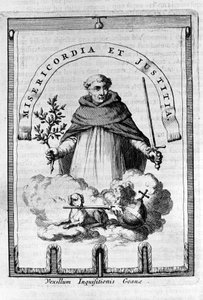 Gonfalon (gonfanon) Inkwizycji w Goa, kolonia portugalska w Indiach - Przedstawiciel Dominikany nosi godło Inkwizycji: miecz i gałązkę oliwną, symbol kary, ale także pokoju i sprawiedliwości autorstwa Unknown artist