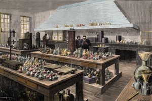 Wielkie laboratorium Louisa Pasteura (1822-1895), francuskiego chemika i biologa, w Ecole Normale Superieure - Louis Pasteur w jego laboratorium w Ecole Normale Superieure - Grawerowanie autorstwa Meyera 1884 autorstwa Unknown artist