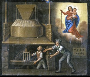 Ręka młodego robotnika zostaje złapana w kamień młyński. autorstwa Unknown artist