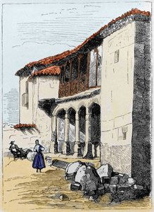 Dom Sante de Valcuebo w Salamance, gdzie Krzysztof Kolumb odbył swoją pierwszą konferencję. Rycina XIX wieku autorstwa Unknown artist