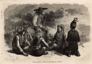 Rdzenna ludność Xieng Hong (Laos), ubrana w tradycyjne stroje, na kurtkę, ozdabia aksamitną klatkę piersiową z lamówką, spódnicę lub krótkie spodnie z czapką. Grawerowanie ilustrujące podróż eksploracyjną w Indochinach, b autorstwa Unknown artist