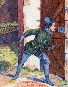 Syn króla zobaczył księżniczkę. Ilustracja do opowiadania „Skóra osła” autorstwa Charlesa Perraulta (1628-1703), francuskiego pisarza. Zdjęcia Marcel Vagne, Jarville Nancy, bez daty (koniec XIX wieku). autorstwa Unknown artist