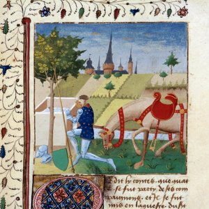 Rycerz Okrągłego Stołu Gauvain (lub Gawain), bratanek króla Artura w pobliżu fontanny. Miniatura z rękopisu „Powieść Quete of the Graal” 1450-1460 Dijon, Biblioteka Miejska autorstwa Unknown artist
