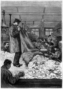 Wielkie tablice z literami w centrach sortowania Hotelu des Postes przy Rue du Louvre w Paryżu. Grawerowanie w czasopiśmie „”La jeunesse”” autorstwa Unknown artist