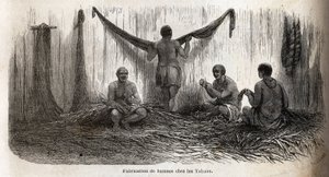 Wyrabianie filetów hamaków wśród Indian Yahua z Peru, z cienkich nici drzew palmowych chambira. Grawerunek ilustrujący podróż z Oceanu Spokojnego do L