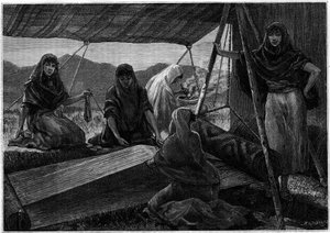 Produkcja dywanów przez koczownicze kobiety z Persji. Grawerowanie w czasopiśmie „”La jeunesse”” autorstwa Unknown artist