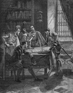Marechal z Vieilleville wbijając swój sztylet w patent, dzięki któremu król Francji Henryk II (1519-1559) dał jemu i pięciu panom obecnym w pokoju prawo do konfiskaty wszystkich lichwiarzy i lutników z Guienne, Limousin, Quercy i S autorstwa Unknown artist