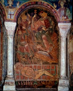 Męczeństwo św. Wawrzyńca (210/220-258) zginęło na grillu, fresku miasta Berze. 11 wiek. Kaplica Moines, Berze la Ville autorstwa Unknown artist