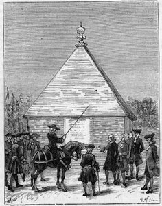 Miara stopnia Ekwadoru w XVIII wieku: piramida Carabourou w Peru, wzniesiona przez La Condamine w 1736 r. Grawer w „” La Nature: revue des sciences et de leurs applications aux arts et a l