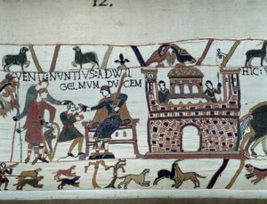 Posłańcy króla Normandii Wilhelma Zdobywcy (1027-1087) poinformowali go, że Harold, który przybył z Anglii w imieniu angielskiego króla Edwarda Wyznawcy Anglii, został wzięty do niewoli przez hrabiego Guy de Ponthieu. autorstwa Unknown artist
