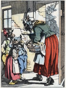 Koza matka wychodzi na spacer i ostrzega swoje bikiety. Ilustracja do baśni „Compere le Loup, Maitre Renard, Comere la Chevre et ses petits biquets”” według bajki Jeana de la Fontaine. W „Opowieściach z domu dla najmłodszych””. Anonimowy e autorstwa Unknown artist