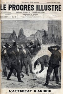 Morderca Clement Decoux pada ofiarą próby ataku na Emila Vuillemina (1822-?), dyrektora kopalni Aniche, świętującego 4 sierpnia 1895 roku swoje pięćdziesiąte urodziny na stanowisku kierownika wydobycia węgla - rycina w „Le Progres ilustrować autorstwa Unknown artist