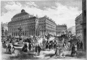 Nowe miejsce teatru francuskiego (Comedie Francaise) z fontannami projektowanymi w Palais Royal (Palais Royal) w Paryżu. Grawerowanie w „”L