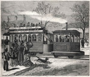 Nowe tramwaje parowe w Paryżu w 1876 r. kursujące na linii Saint - Germain - des - Prés pod drzwiami Chatillon, grawerujące kolekcję Bianchetti. autorstwa Unknown artist
