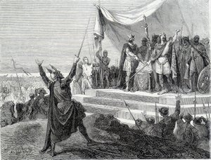 Przysięga dwóch braci przed zbroją: Karola II Łysego i Ludwika II Germańskiego składa przysięgę przeciw Lotarowi I (Przysięgi Strasburga 842). Rycina XIX wieku. autorstwa Unknown artist