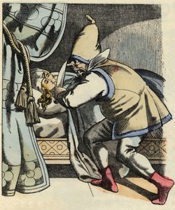 Ogr odcina głowę swoim siedmiu córkom, myśląc o zabiciu Małego Pouleta i jego braci. Ilustracja do bajki „Le Petite Poucet” autorstwa Charlesa Perraulta autorstwa Unknown artist